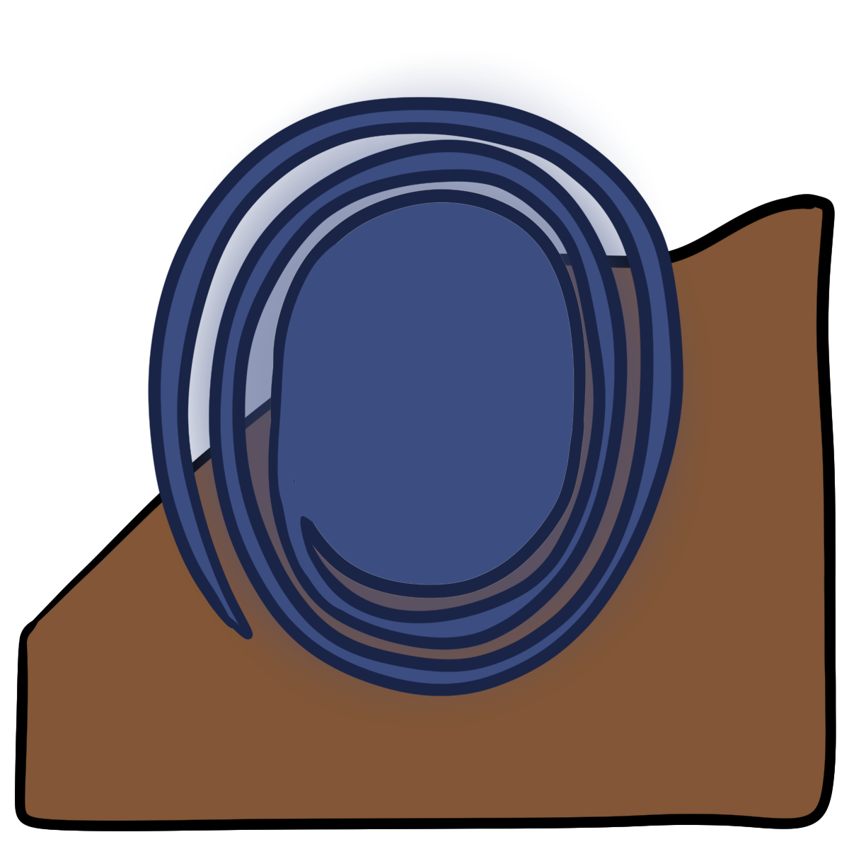 A glowing bluish purple oval that has a spiral coming out of it. Curved medium brown skin fills the bottom half of the background.